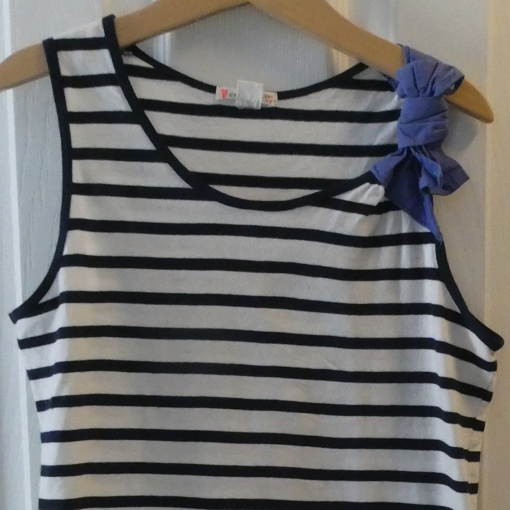 Crewcuts Tank Top Navy White Stripe Chambray Style Bow Left Shoulder Sz 14 - Picture 3 of 5